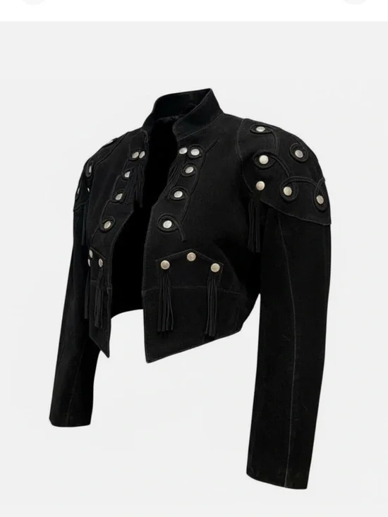 Vintage Suede Fringe Jacket Black Studded Cropped Indie Rock Revival S/M - Picture 9 of 9